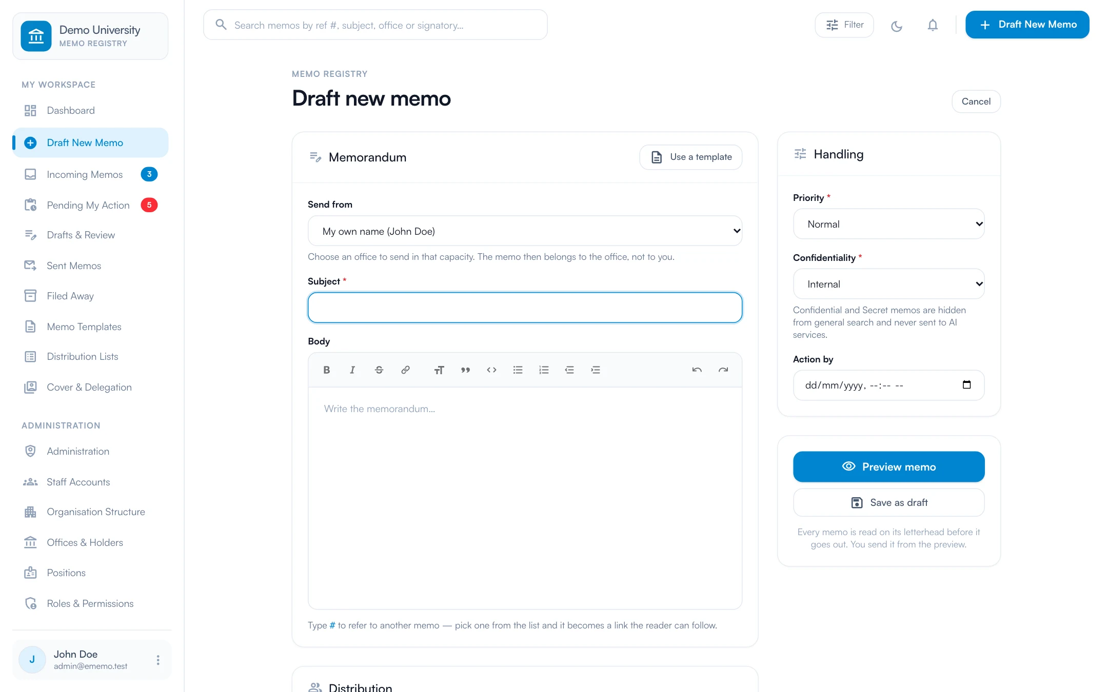 E-Memo — Draft in your own name, or in the name of your office