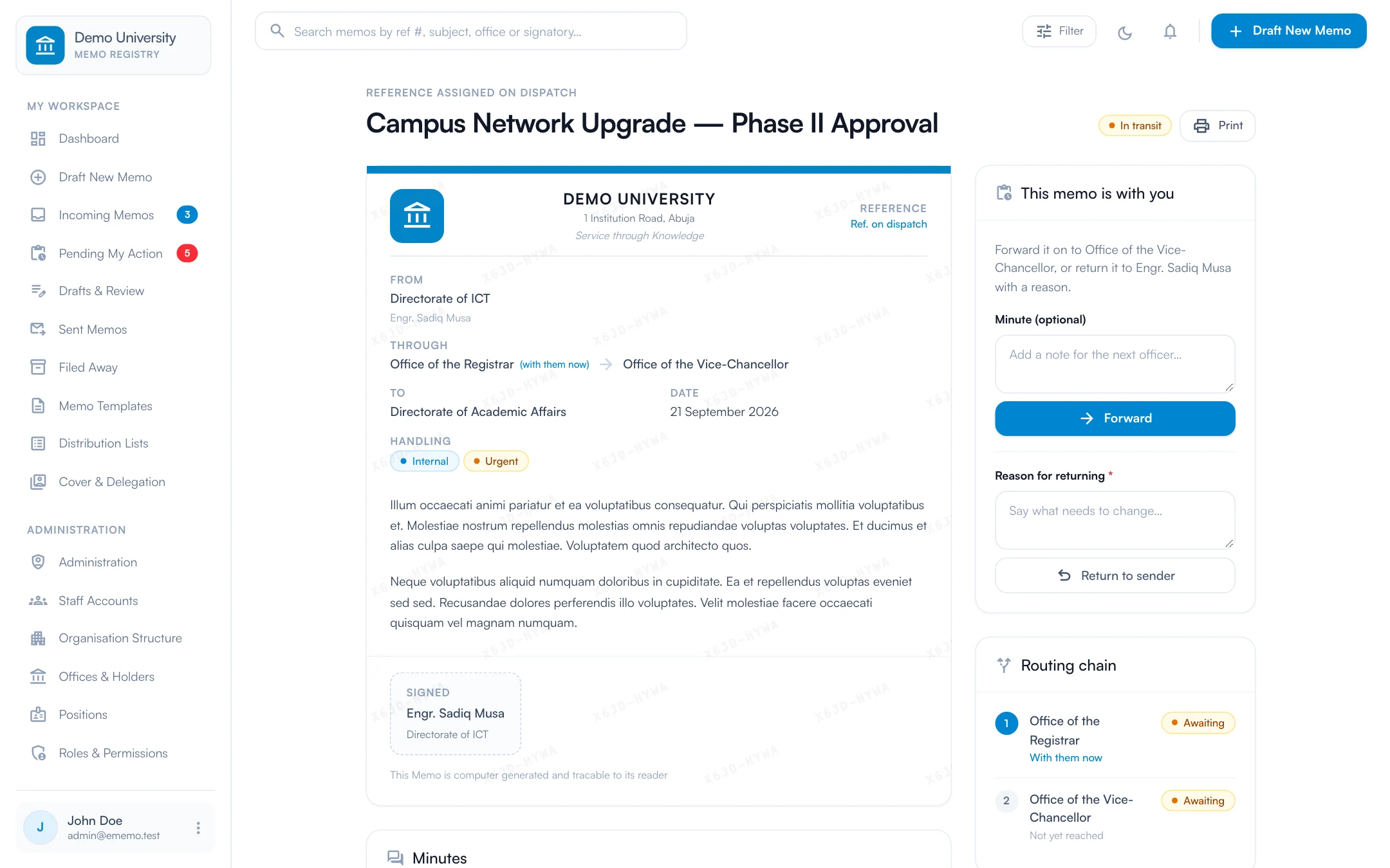 E-Memo — The memo, its chain and its trail on one page