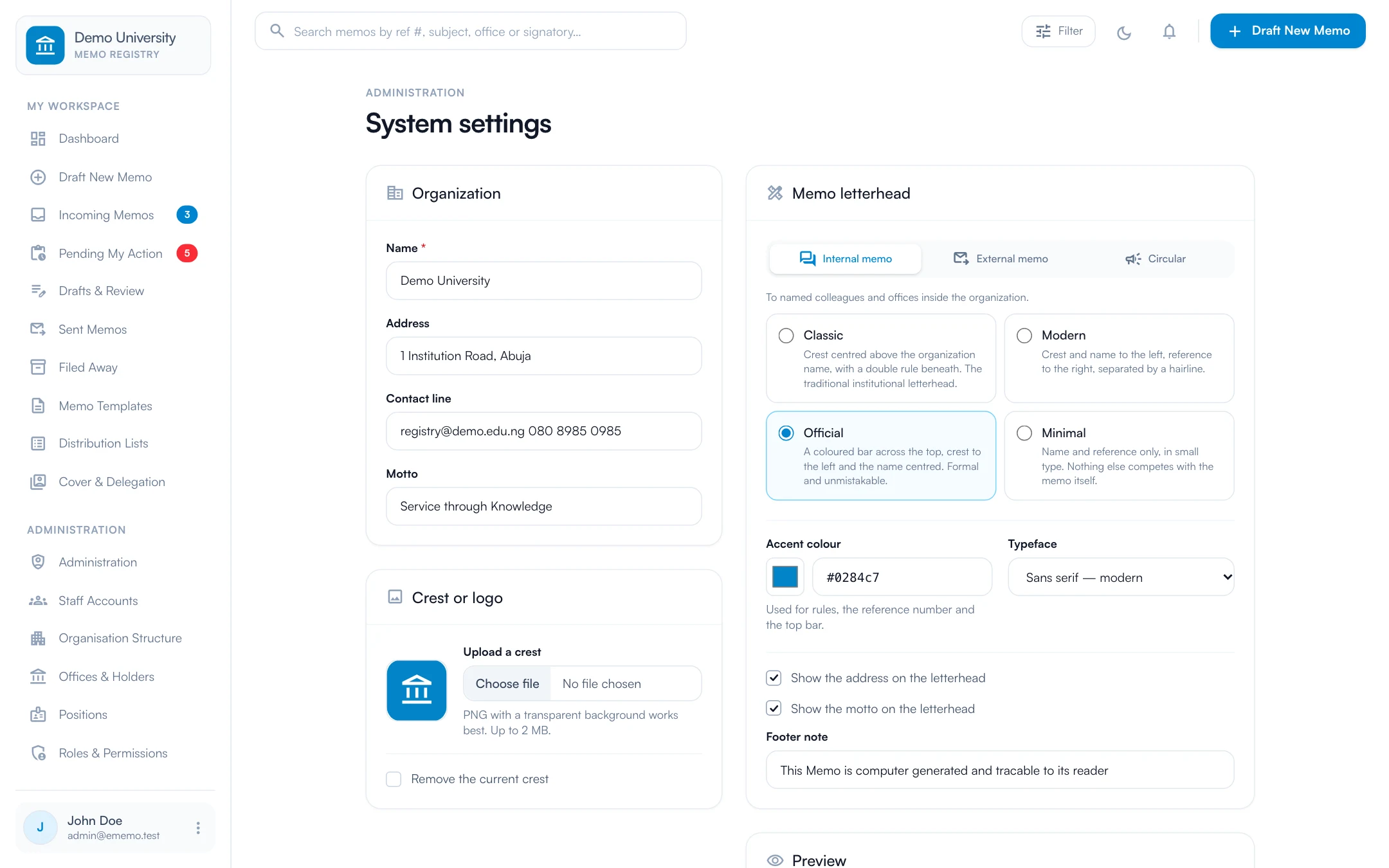 E-Memo — Your crest, your letterhead, your rules