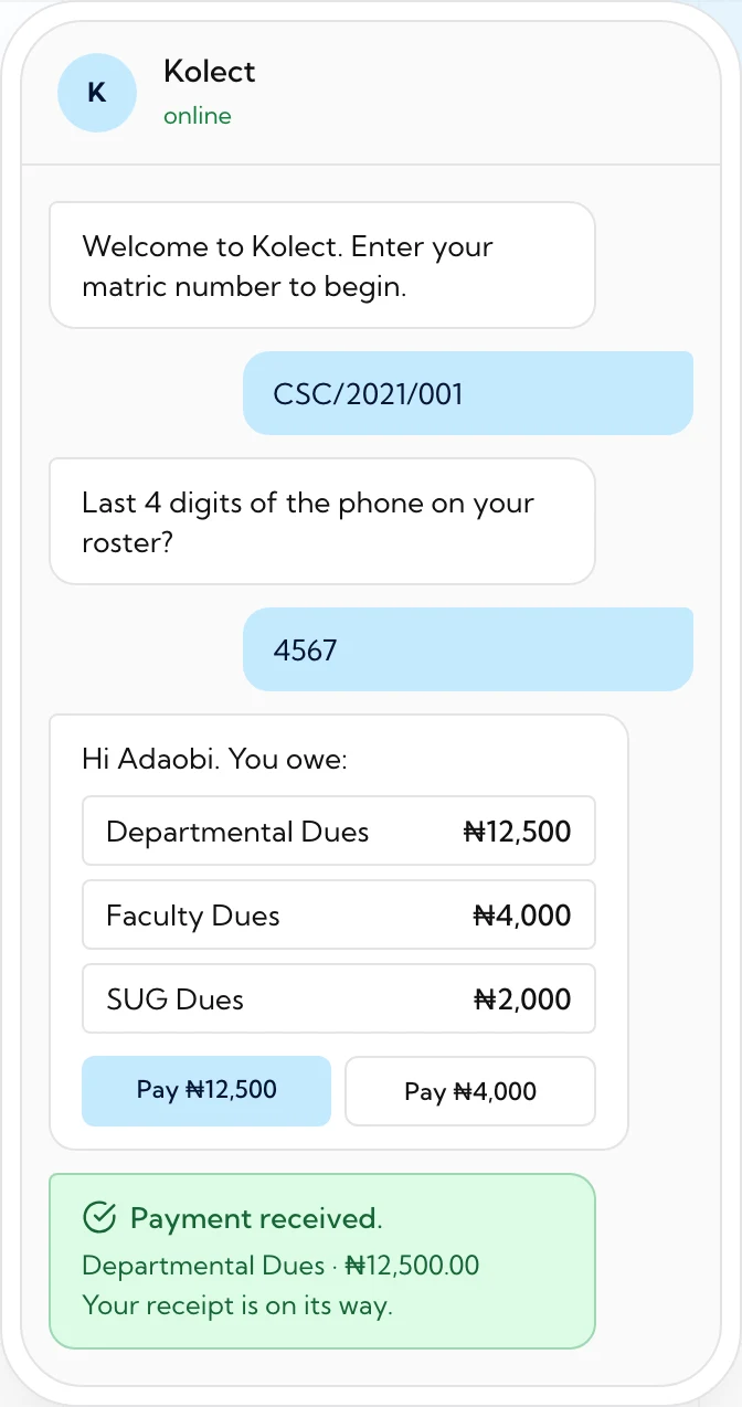 Kolect — Dues paid in the chat they already use